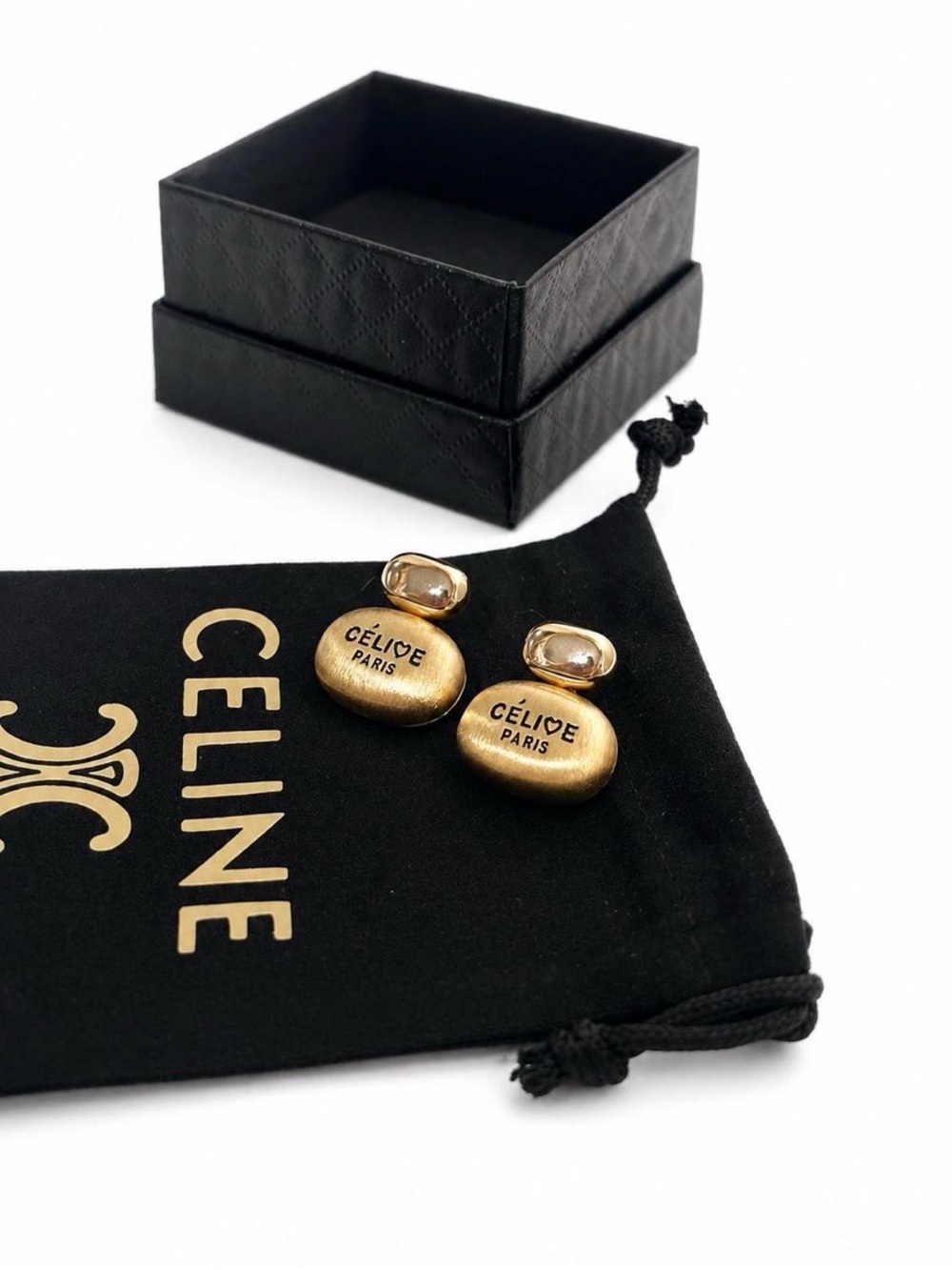 Vintage CELINE Gold-Tone Logo Drop Earrings